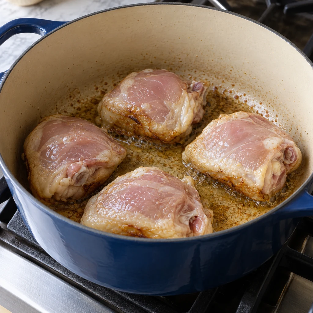 Four chicken thighs searing in olive oil in a wide Dutch oven with raw upper surfaces still visible