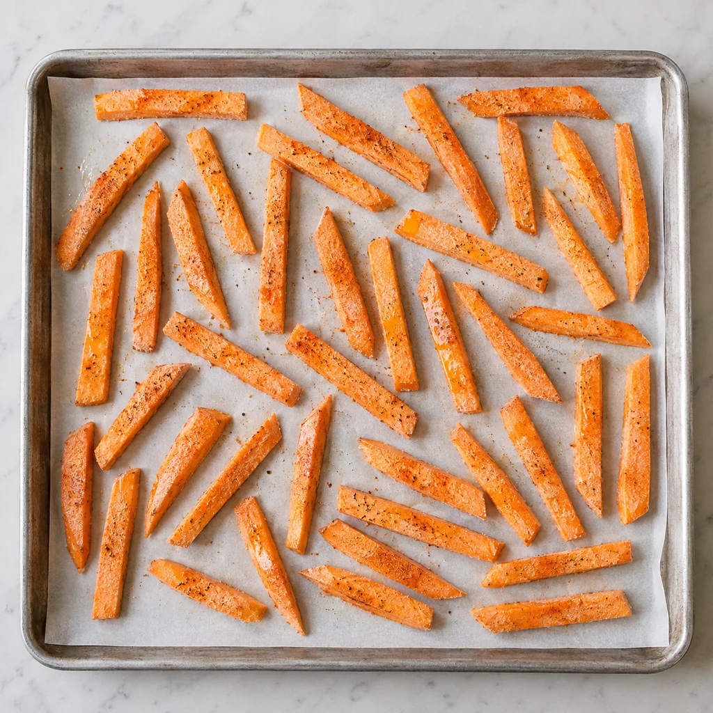 Raw seasoned sweet potato fries spaced in one layer on a parchment-lined baking sheet