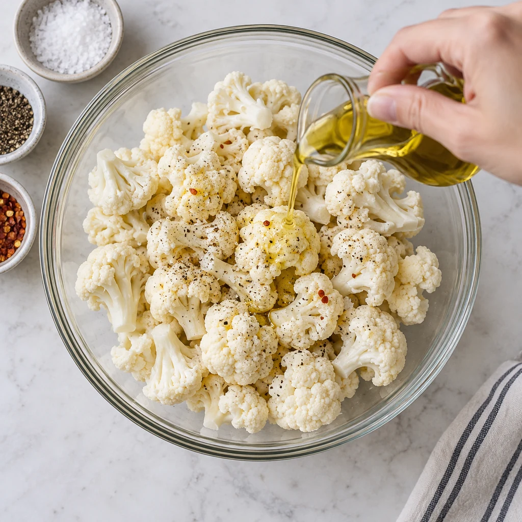 Dry cauliflower florets being lightly coated with olive oil, salt, pepper, and red pepper flakes