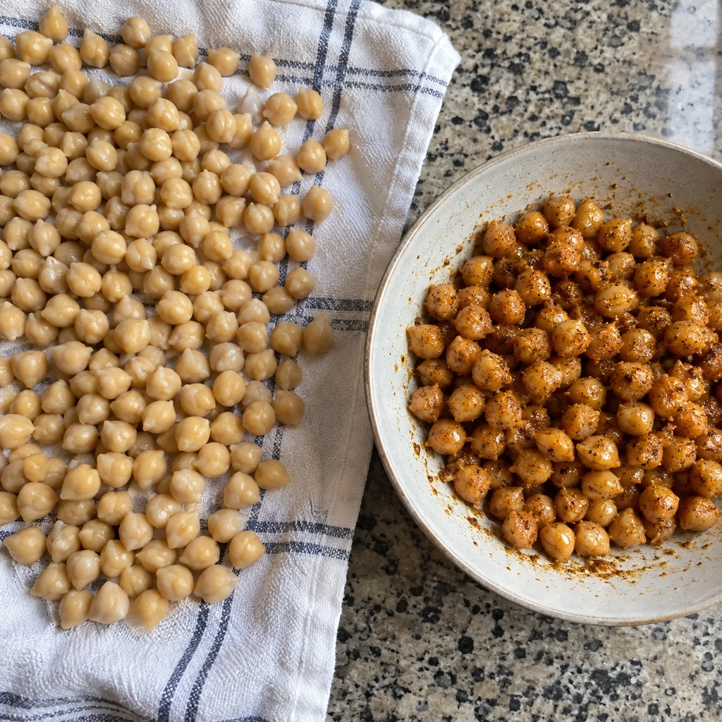 Rinsed chickpeas drying on a kitchen towel beside a bowl of seasoned chickpeas
