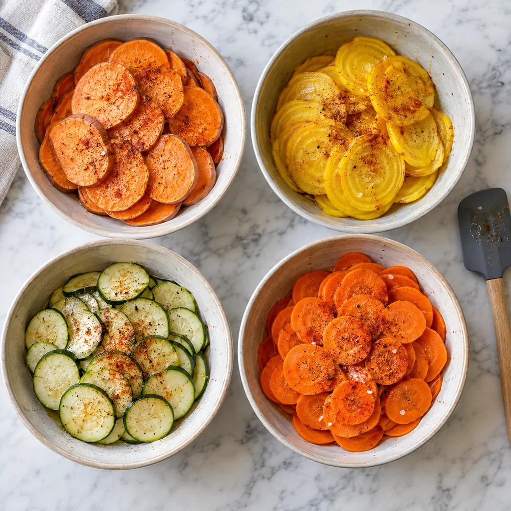 Thin sweet potato, golden beet, zucchini and carrot slices lightly coated with oil and seasonings in separate bowls