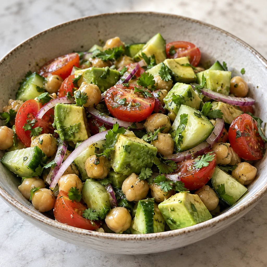 Finished chickpea salad with avocado, cucumber, tomatoes, red onion and cilantro