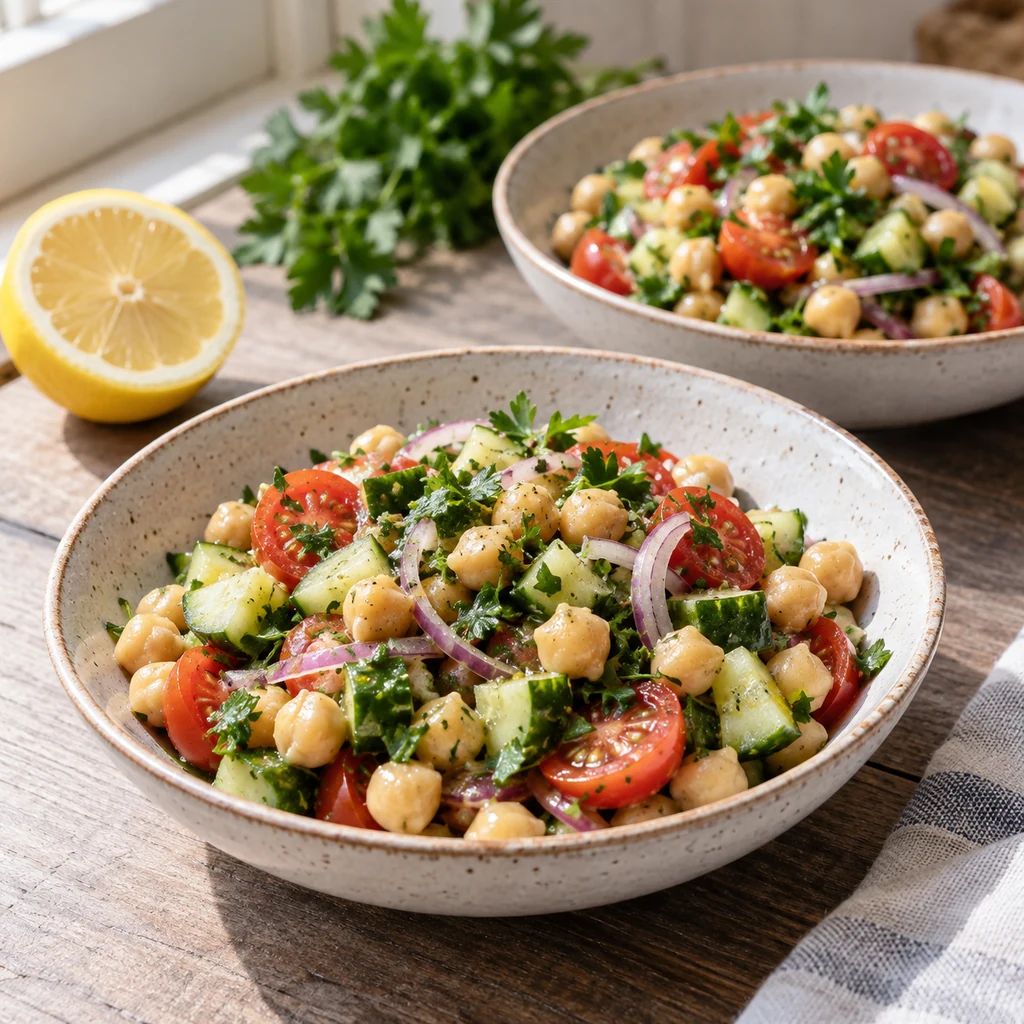 Finished lemon-dressed chickpea salad portioned into two shallow ceramic bowls