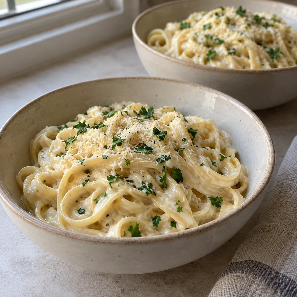 Two bowls of creamy garlic Parmesan fettuccine garnished with parsley
