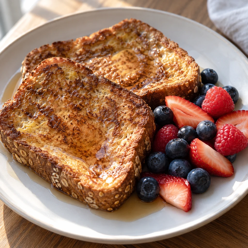 Golden French toast topped with blueberries, strawberries, raspberries, and optional maple syrup