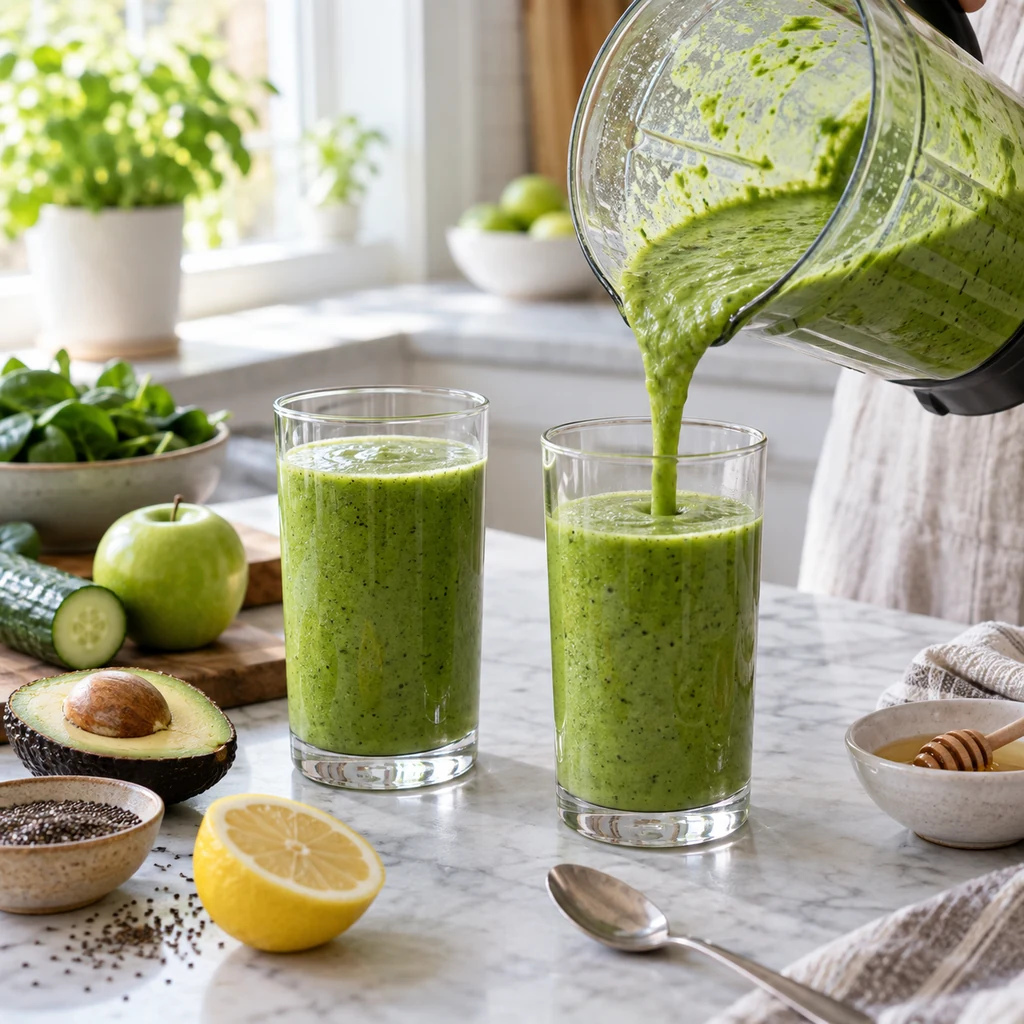 Fresh green smoothie being poured into two clear glasses