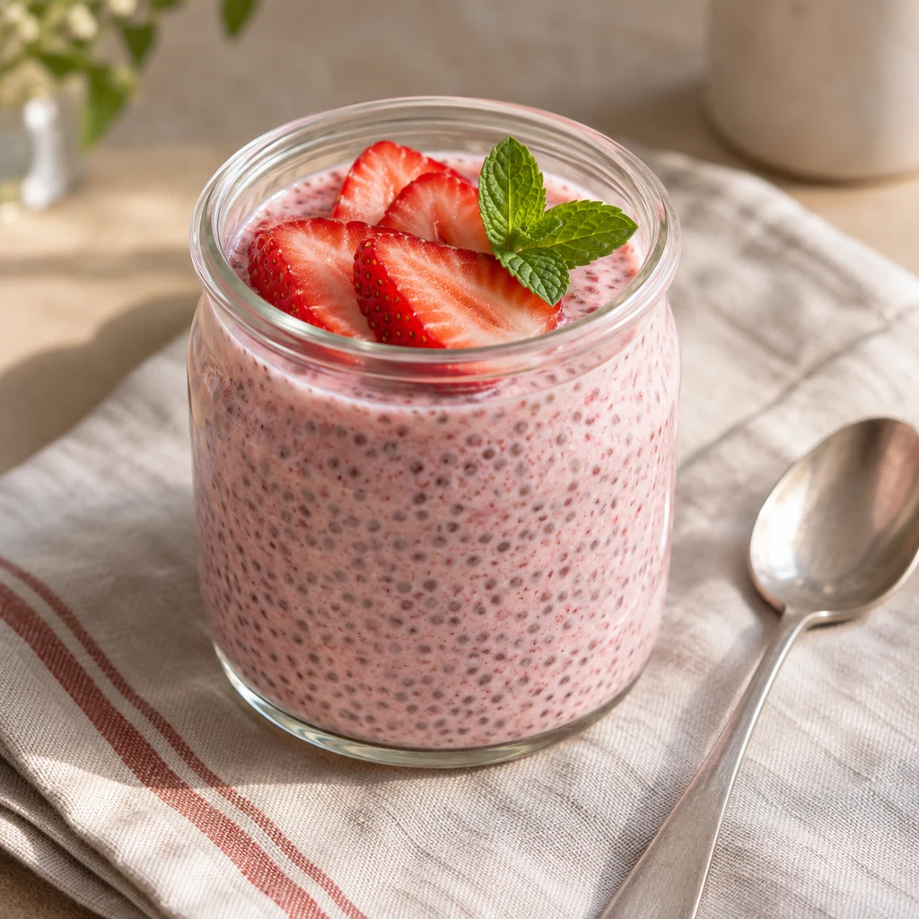 Finished strawberry chia pudding topped with sliced strawberries and mint