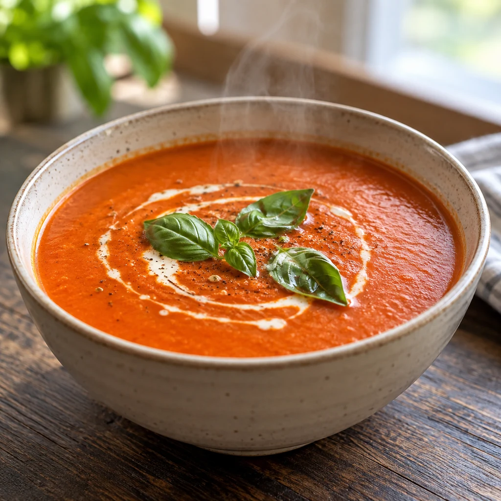 Bowl of smooth creamy tomato basil soup garnished with fresh basil leaves