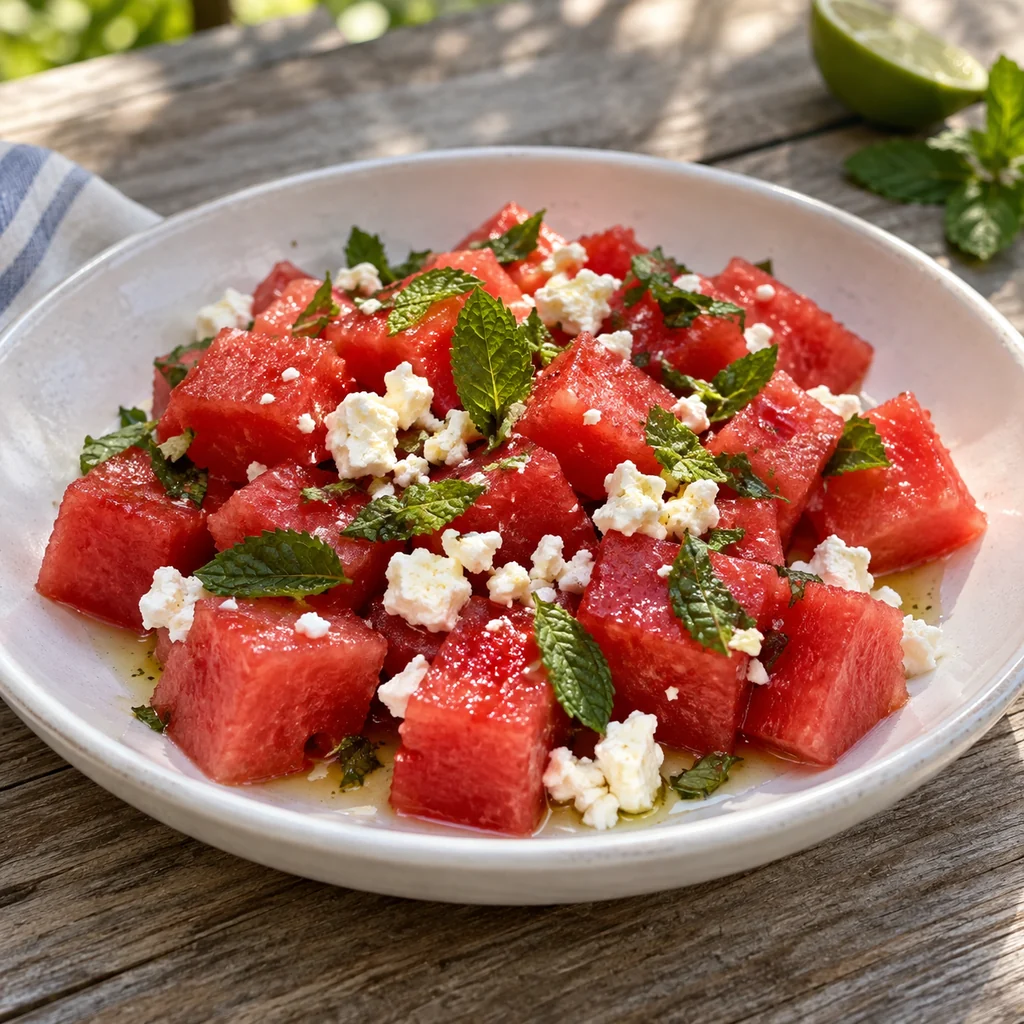 Finished watermelon feta mint salad in a serving dish