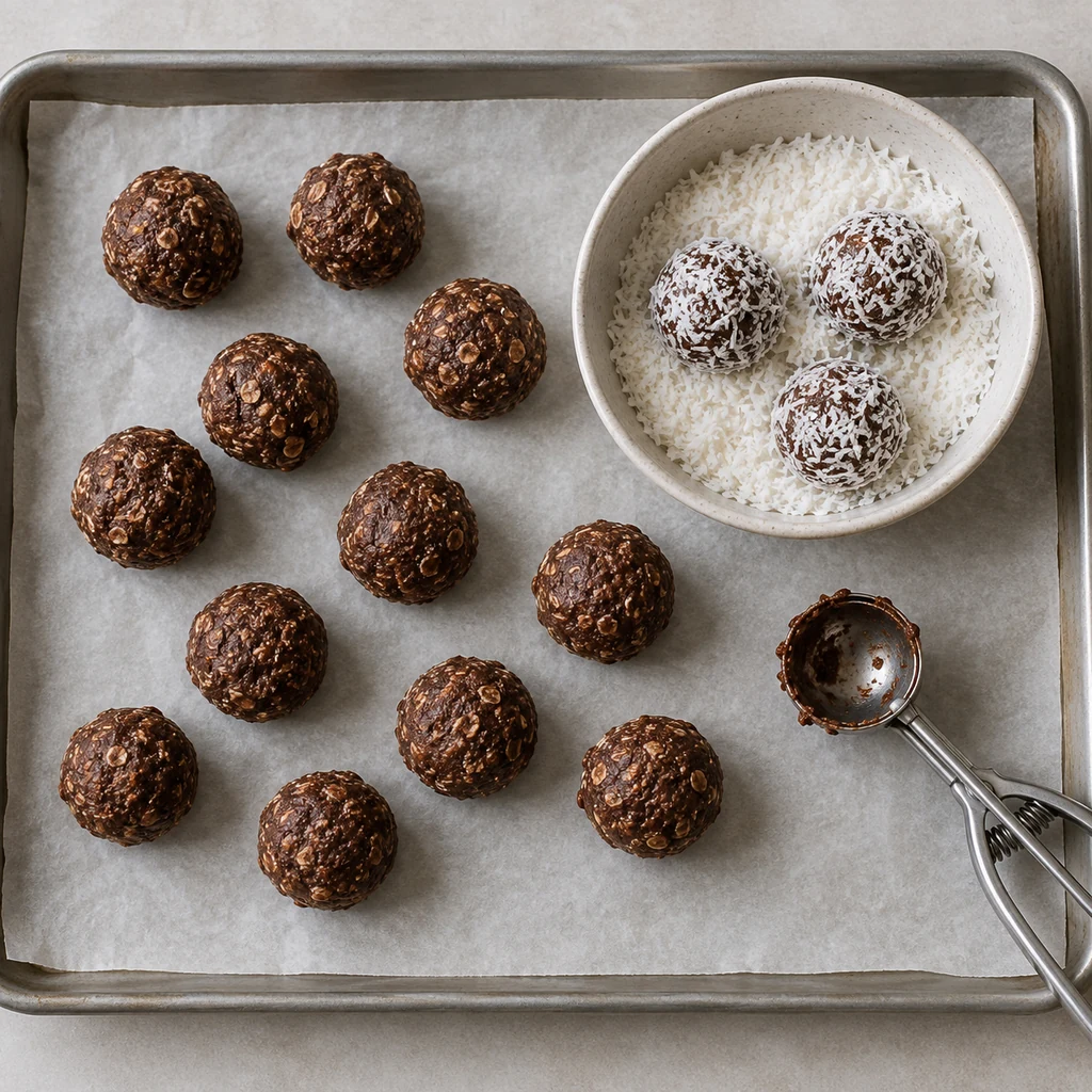 Cocoa oat energy balls being shaped and rolled in shredded coconut on a lined tray