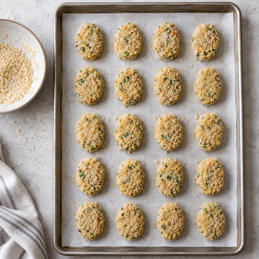 Twenty uncooked homemade veggie nuggets coated with breadcrumbs on a parchment-lined baking sheet