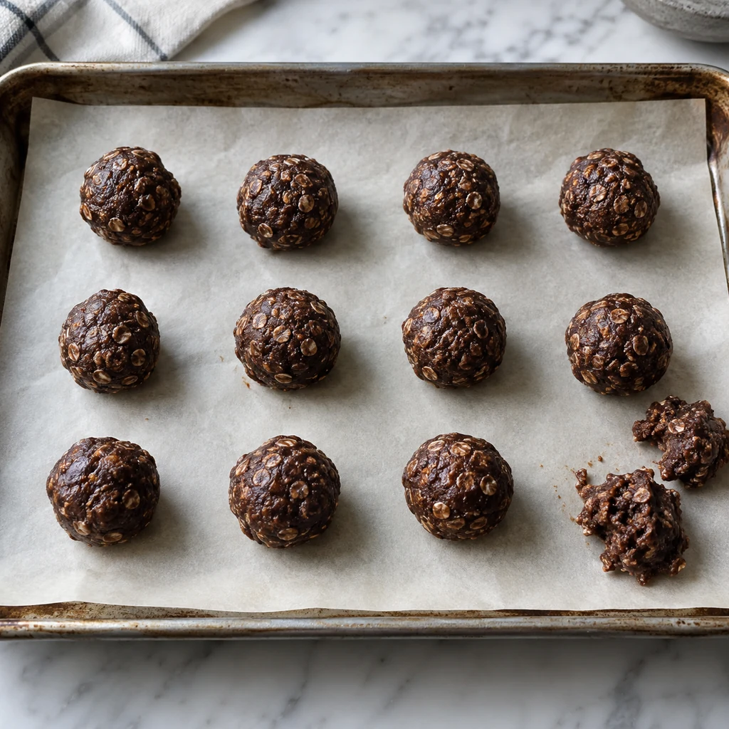Small chocolate date and oat balls arranged on a parchment-lined tray before chilling
