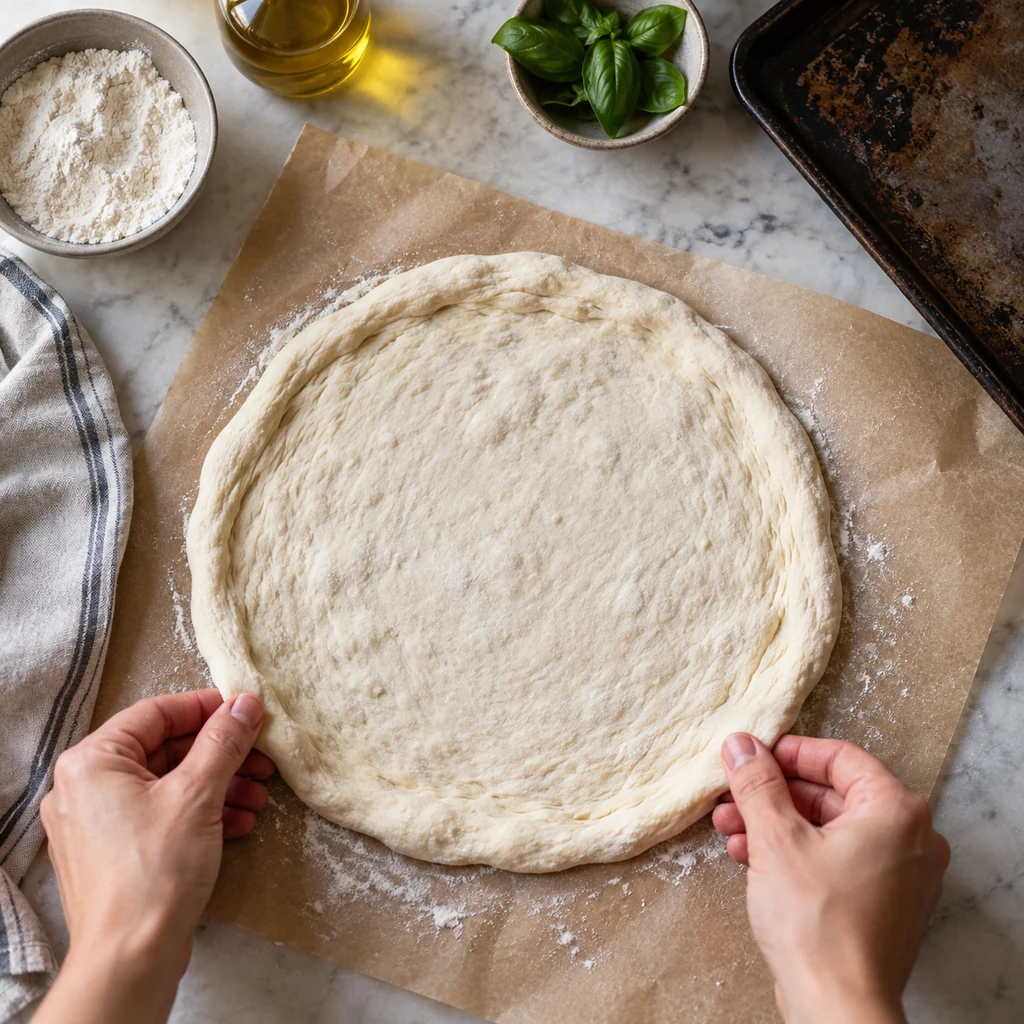 Risen pizza dough stretched into a thin round on parchment paper