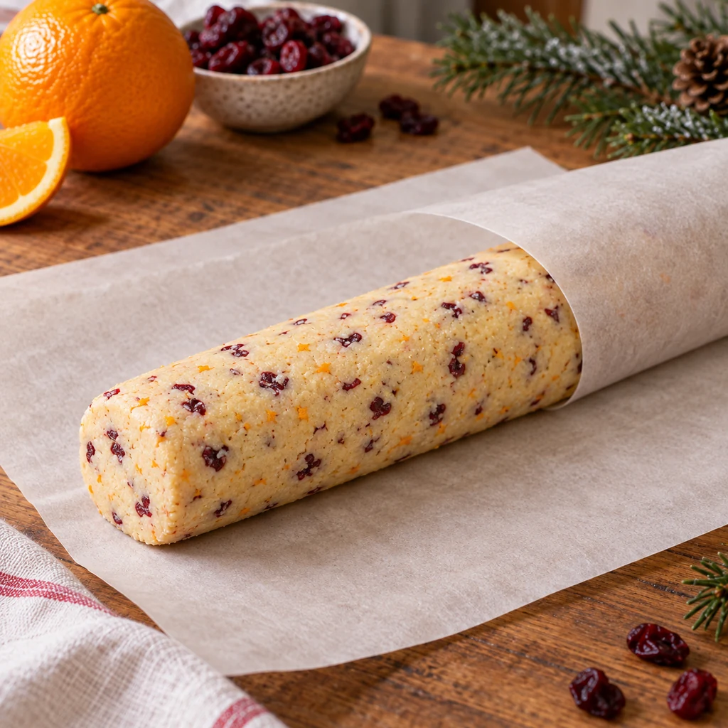 One uniform cranberry orange shortbread dough log on parchment