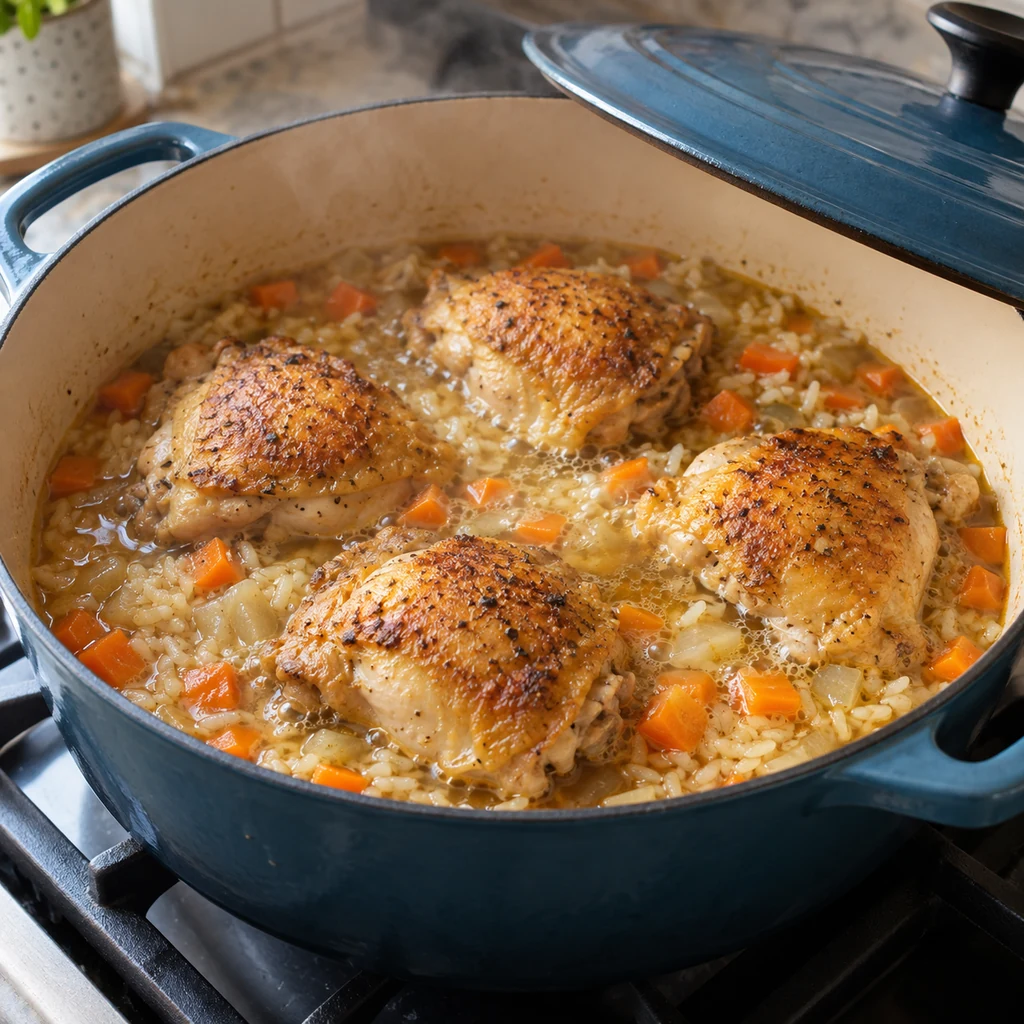 Four browned chicken thighs simmering above rice and carrots in a covered Dutch oven