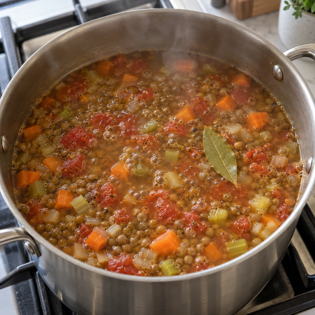 Brown lentils, diced tomatoes, and vegetables gently simmering with a bay leaf