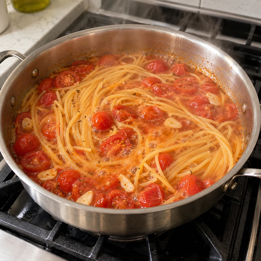 Spaghetti and cherry tomatoes simmering in a starchy tomato broth