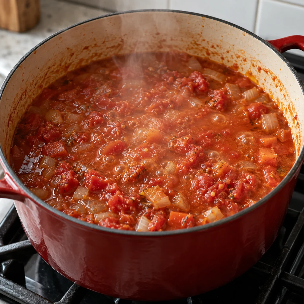 Chunky tomato and onion soup gently simmering in a large pot before blending