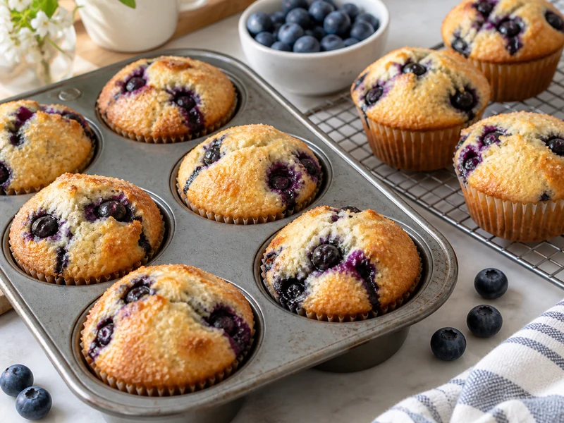 Freshly baked blueberry muffins in a muffin tin and on a cooling rack