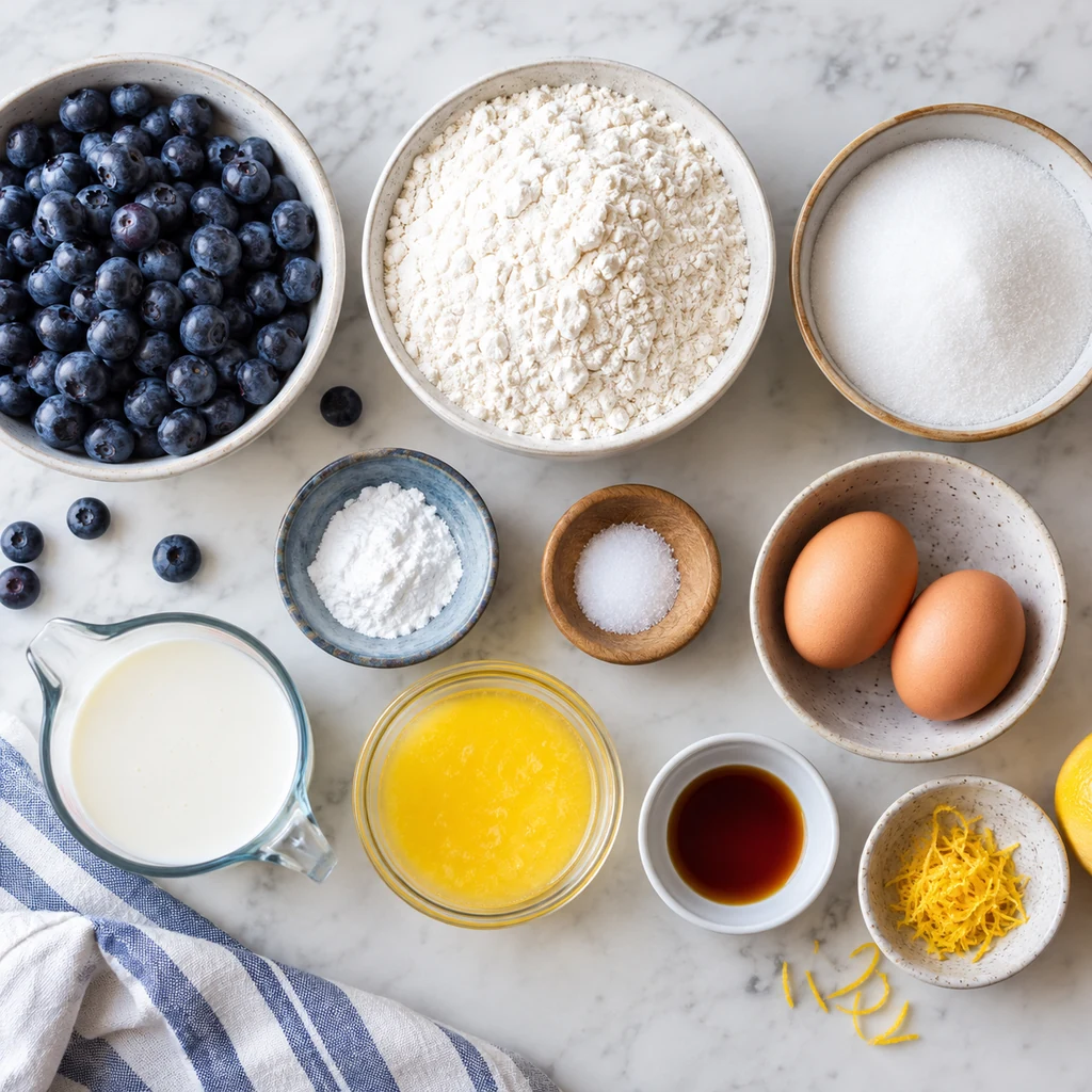 Ingredients for simple blueberry muffins arranged on a bright kitchen counter