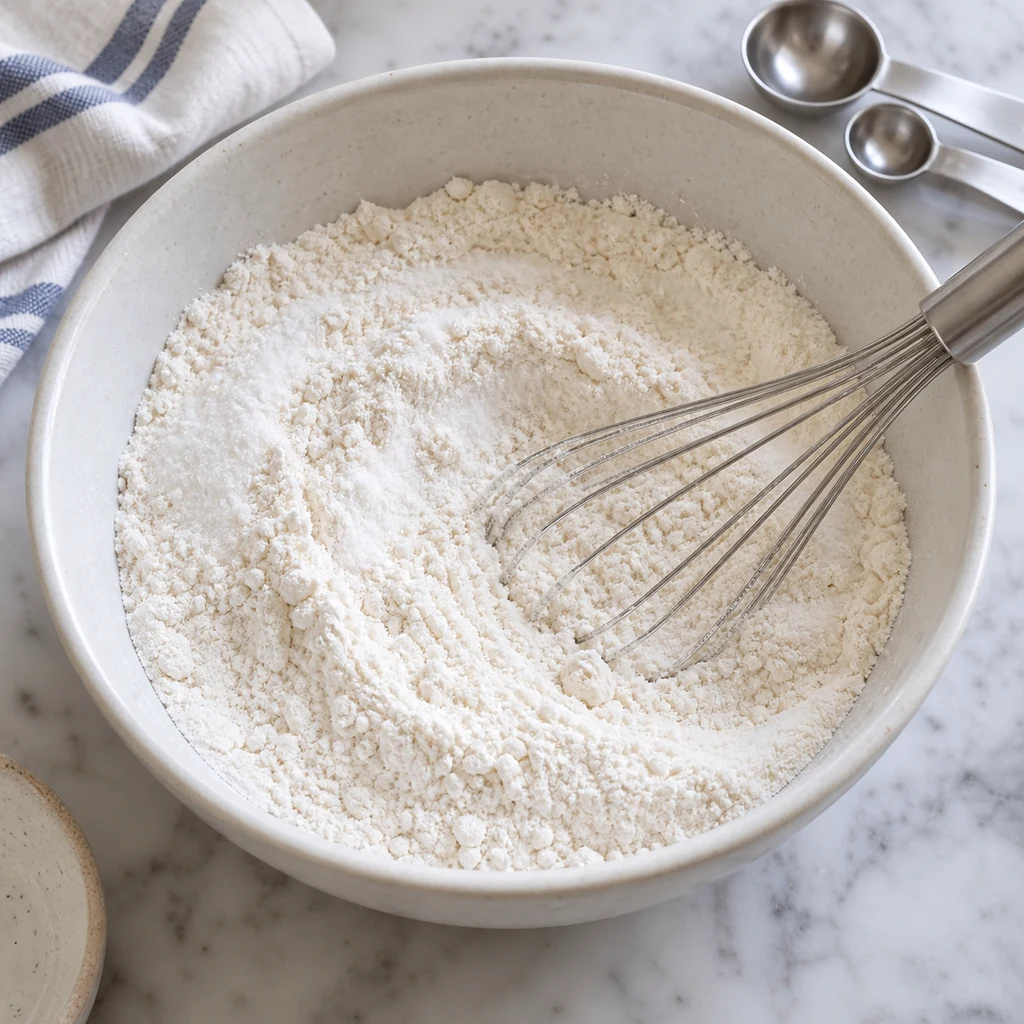 Dry ingredients for blueberry muffins being whisked in a mixing bowl
