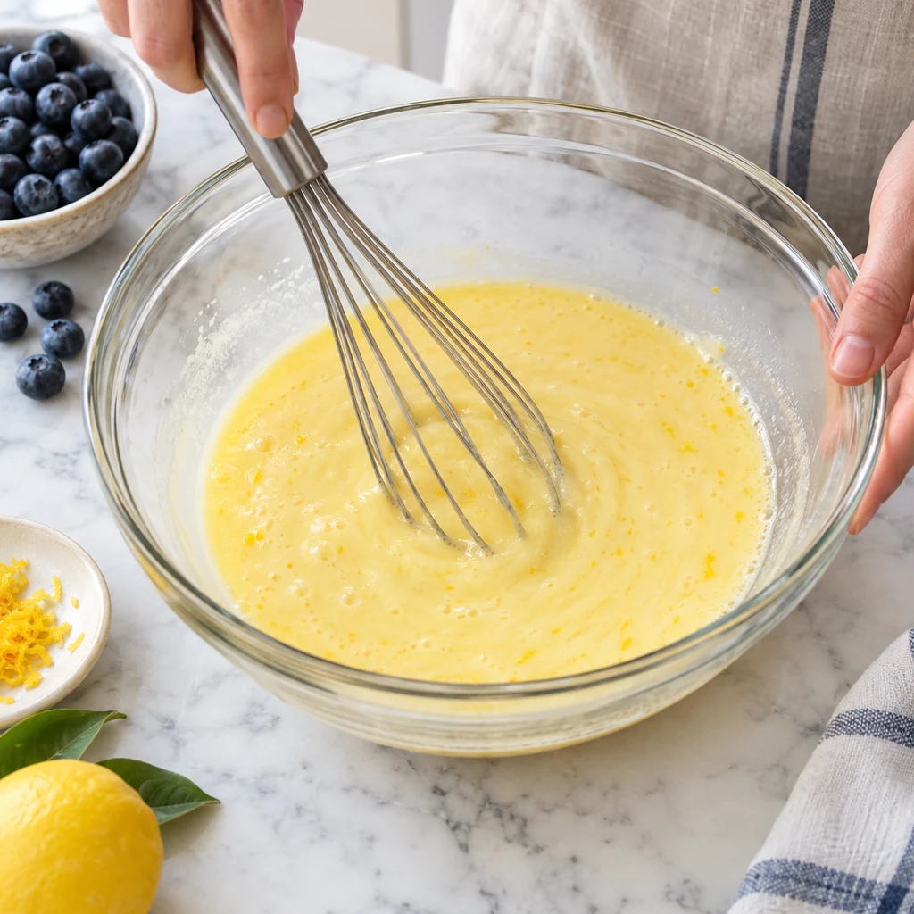 Eggs milk melted butter vanilla and lemon zest whisked together for muffins