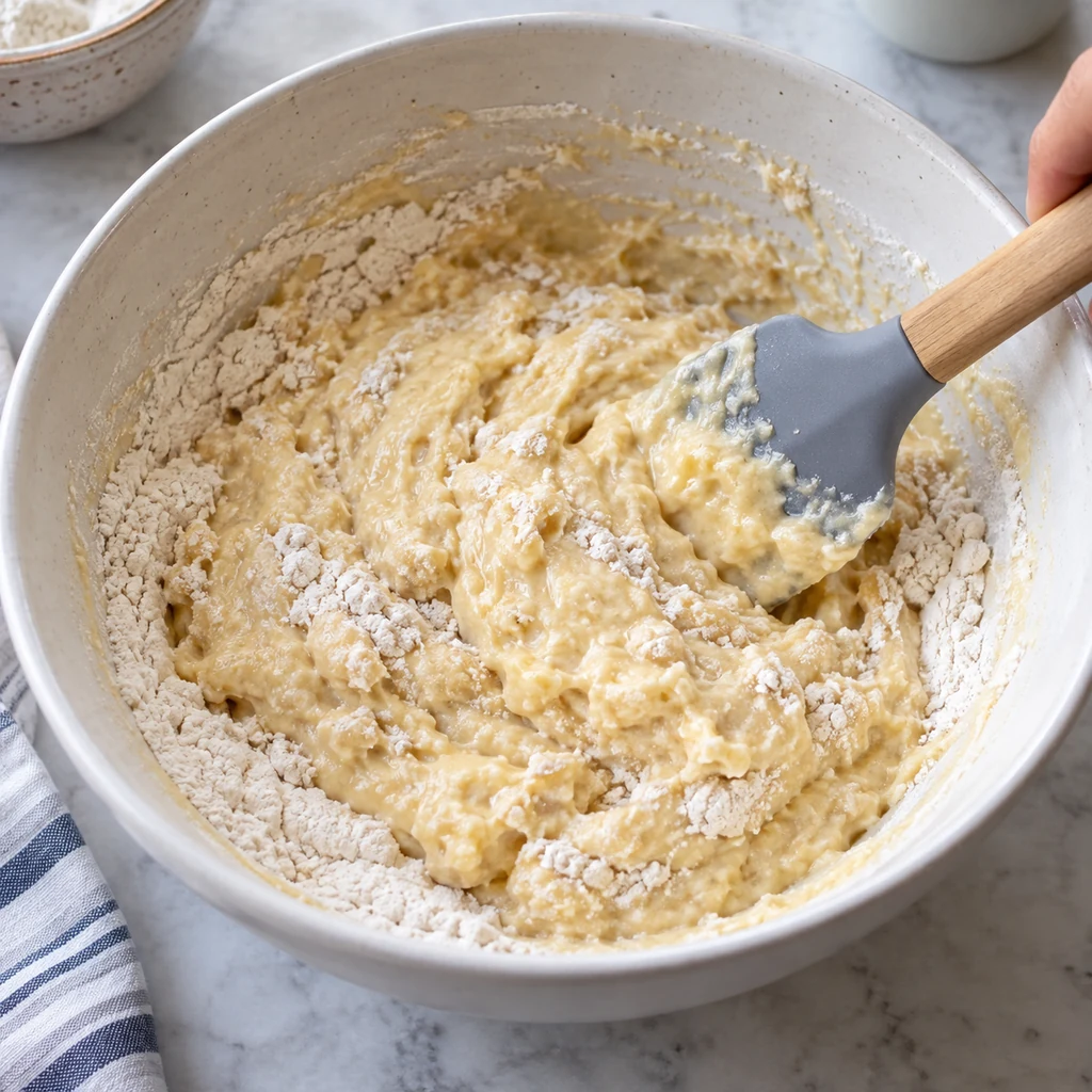 Wet and dry ingredients folded together into lumpy blueberry muffin batter