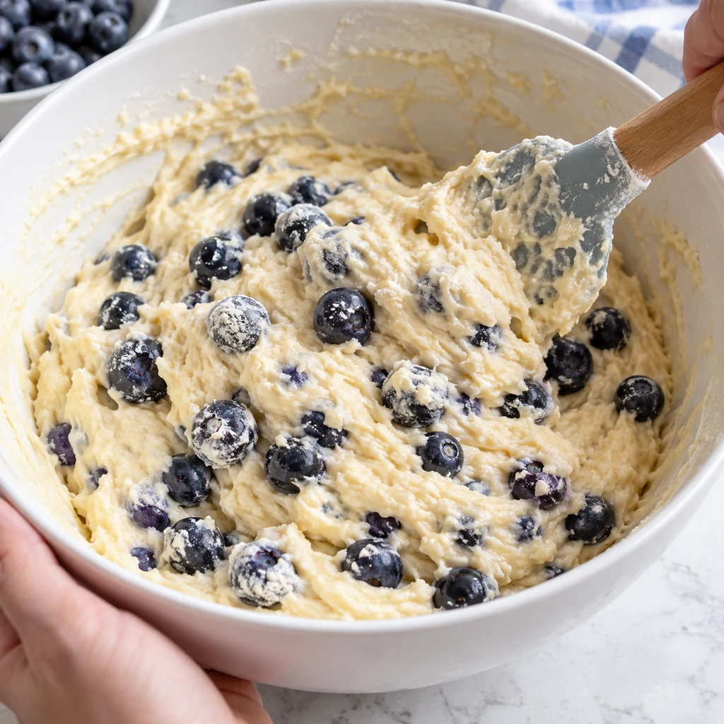 Fresh blueberries gently folded into thick muffin batter with a spatula