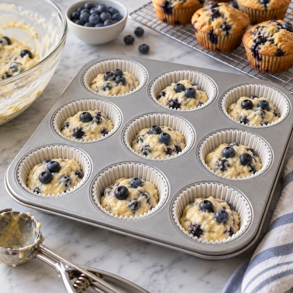 Blueberry muffin batter portioned into a paper-lined muffin tin before baking