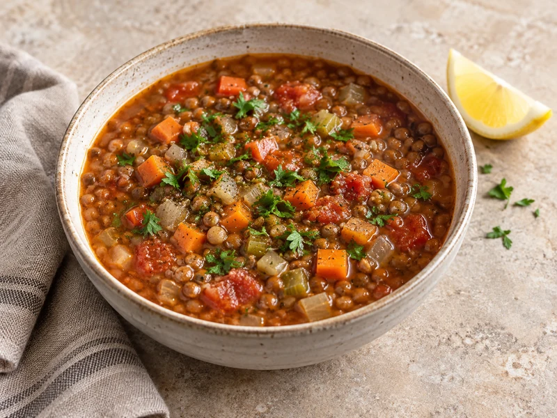 Homemade brown lentil soup with carrots, celery, tomatoes, parsley, and lemon