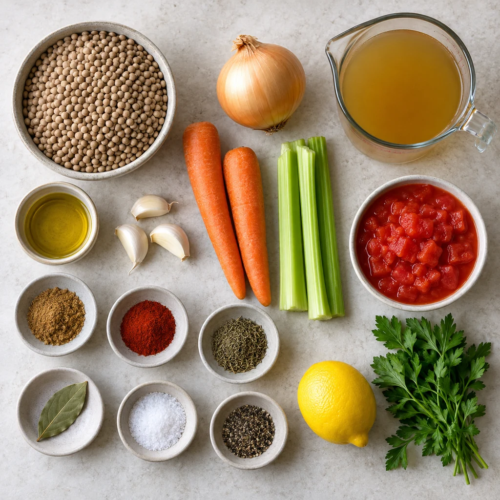 Brown lentils, vegetables, tomatoes, broth, herbs, spices, lemon, and olive oil arranged for lentil soup