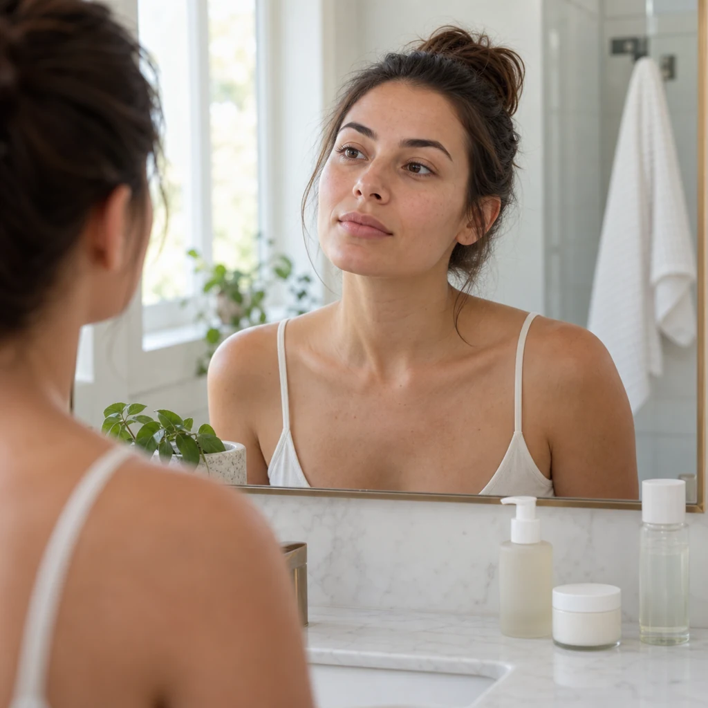 Woman observing her natural skin in a bathroom mirror