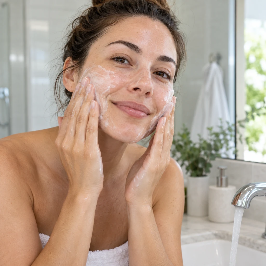 Woman gently cleansing her face with fingertips