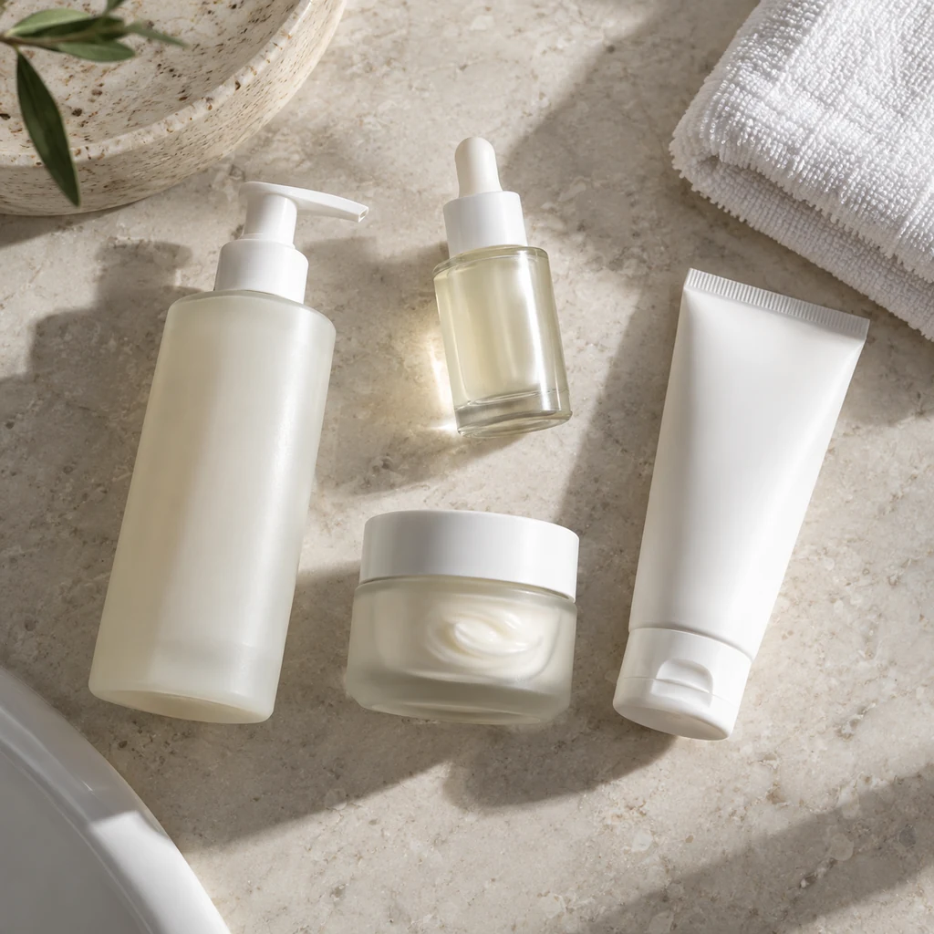 Minimal skincare essentials with cleanser serum moisturizer and sunscreen