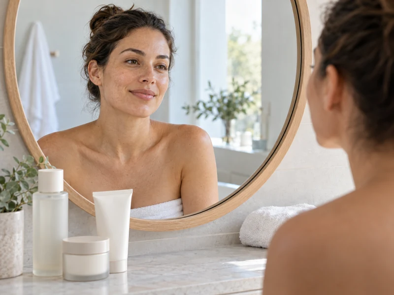 Woman building a simple skincare routine at a bathroom mirror