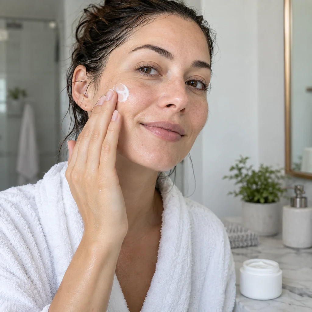 Woman applying moisturizer gently to one cheek