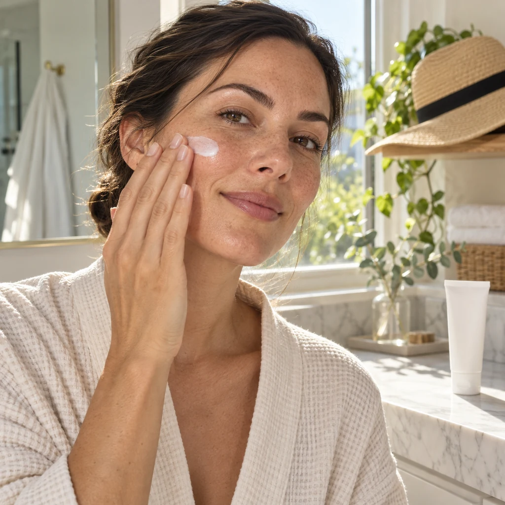 Woman applying sunscreen as the final morning skincare step