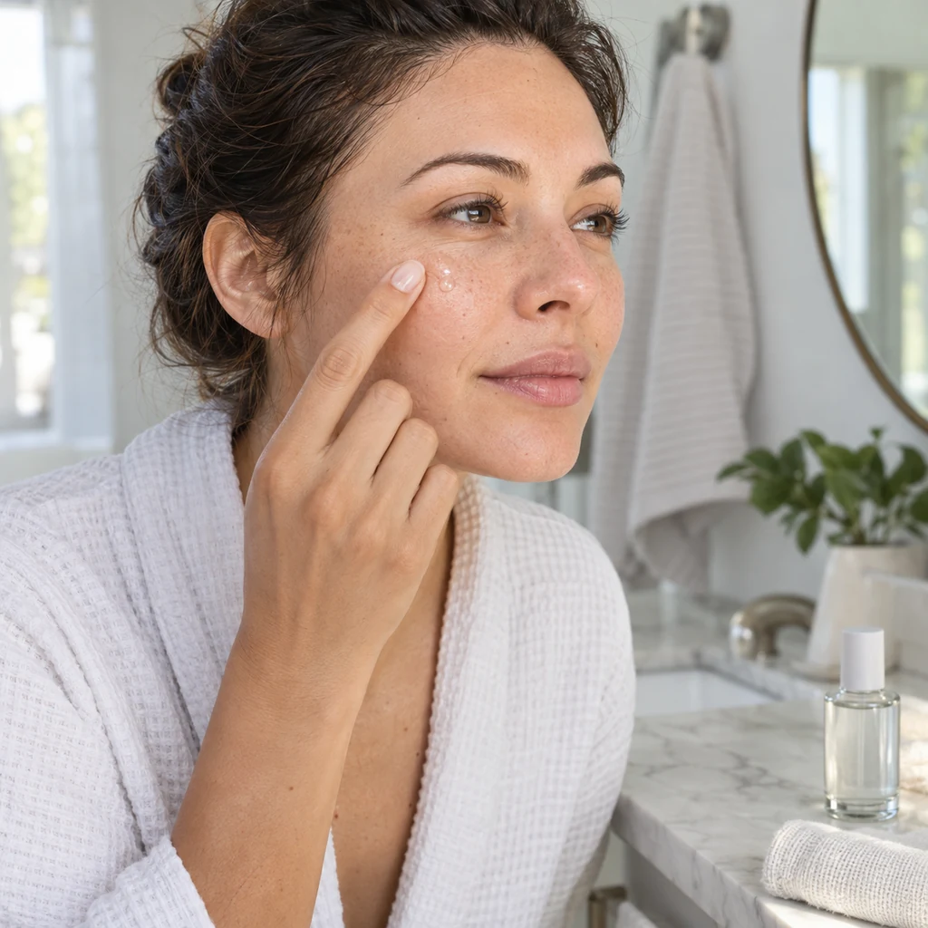 Woman cautiously applying one drop of facial serum