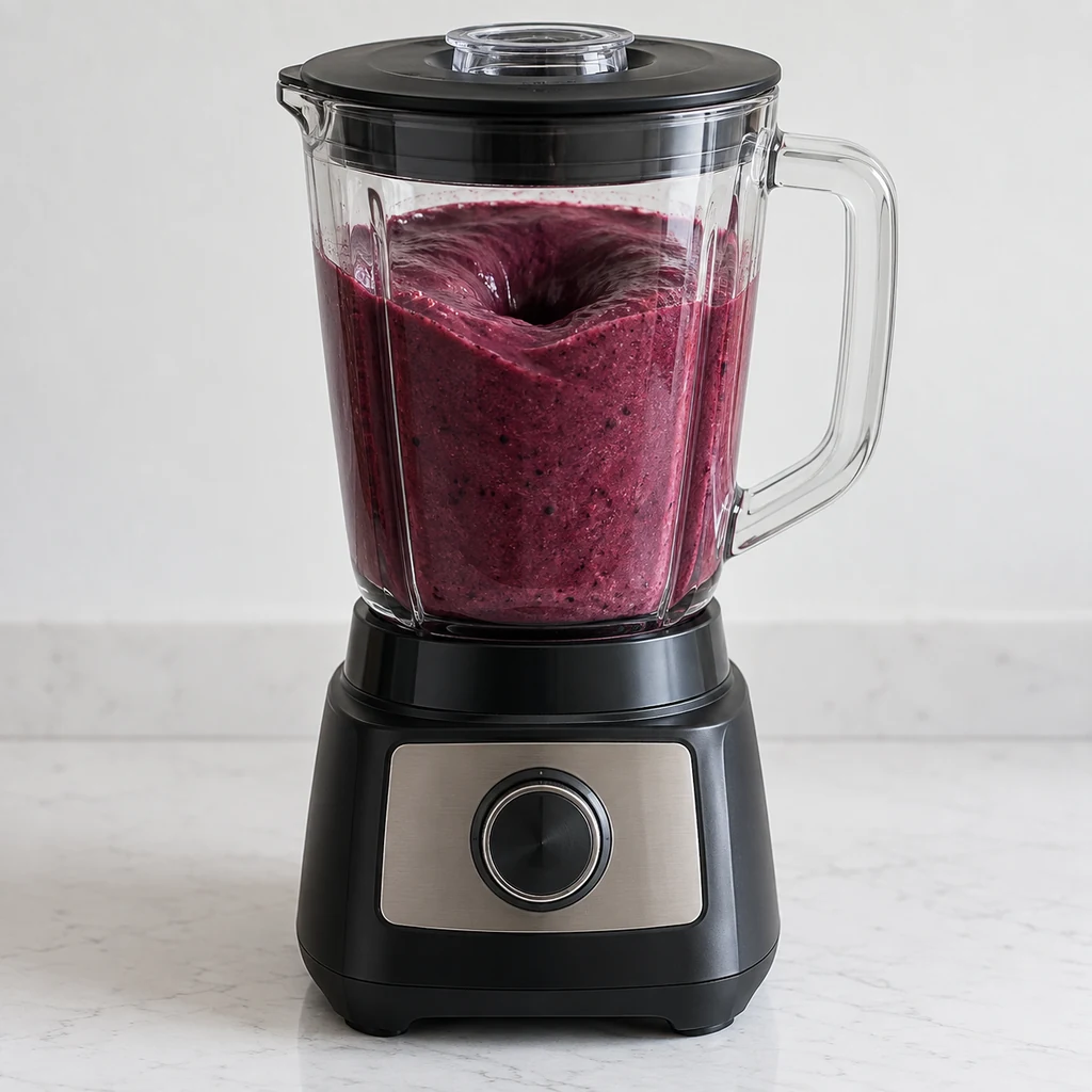 Thick mixed berry smoothie bowl base blending with the lid secured