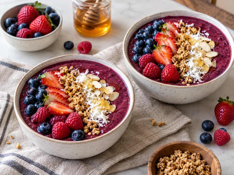 Two mixed berry smoothie bowls with fresh berries granola coconut and sliced almonds