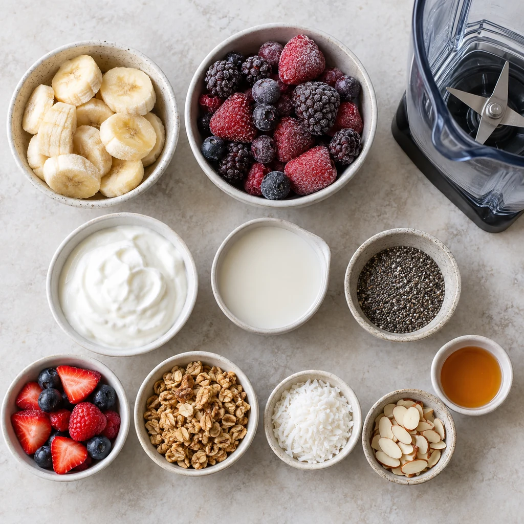 Frozen banana mixed berries Greek yogurt almond milk chia and measured smoothie bowl toppings