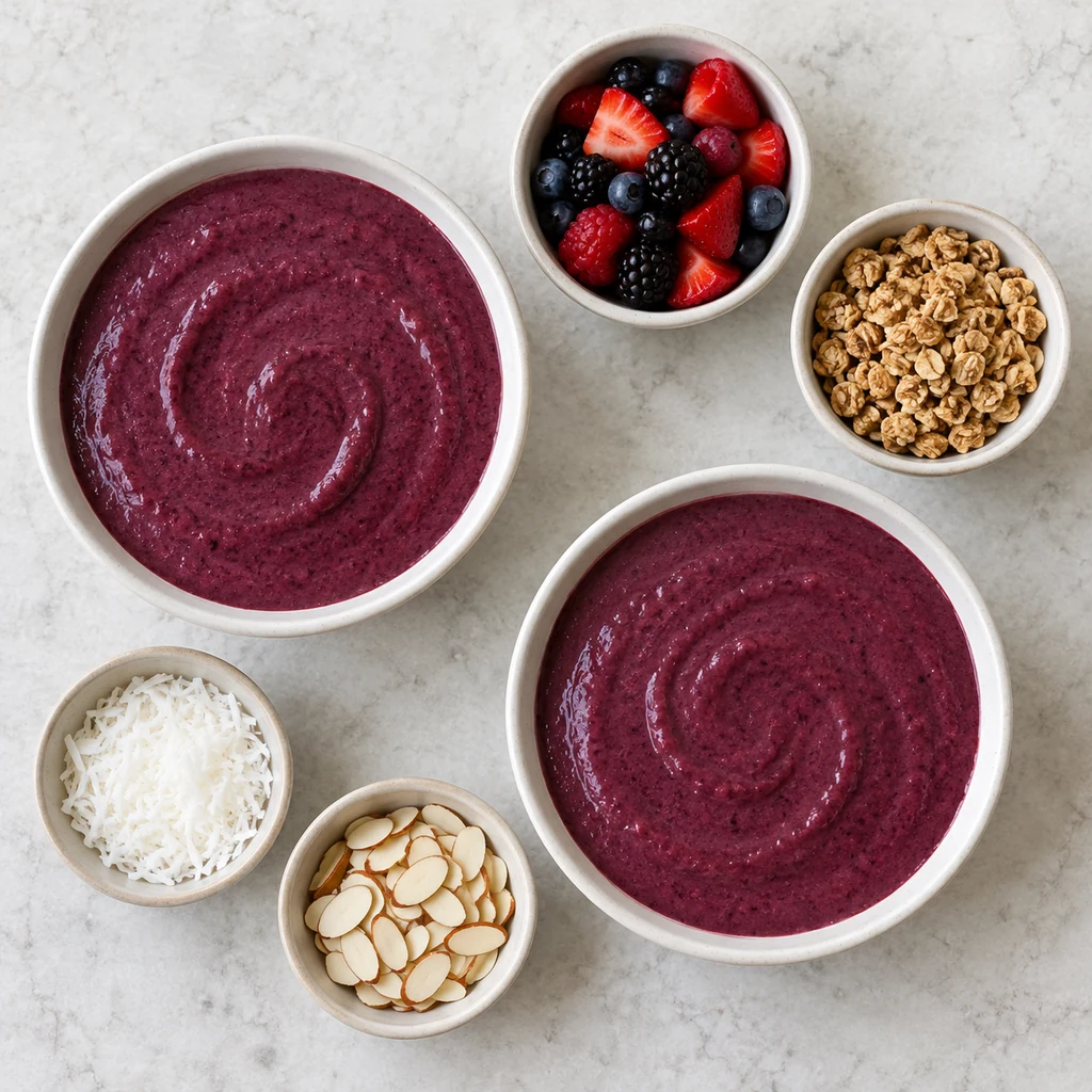 Two bowls filled with plain thick berry smoothie base beside prepared toppings