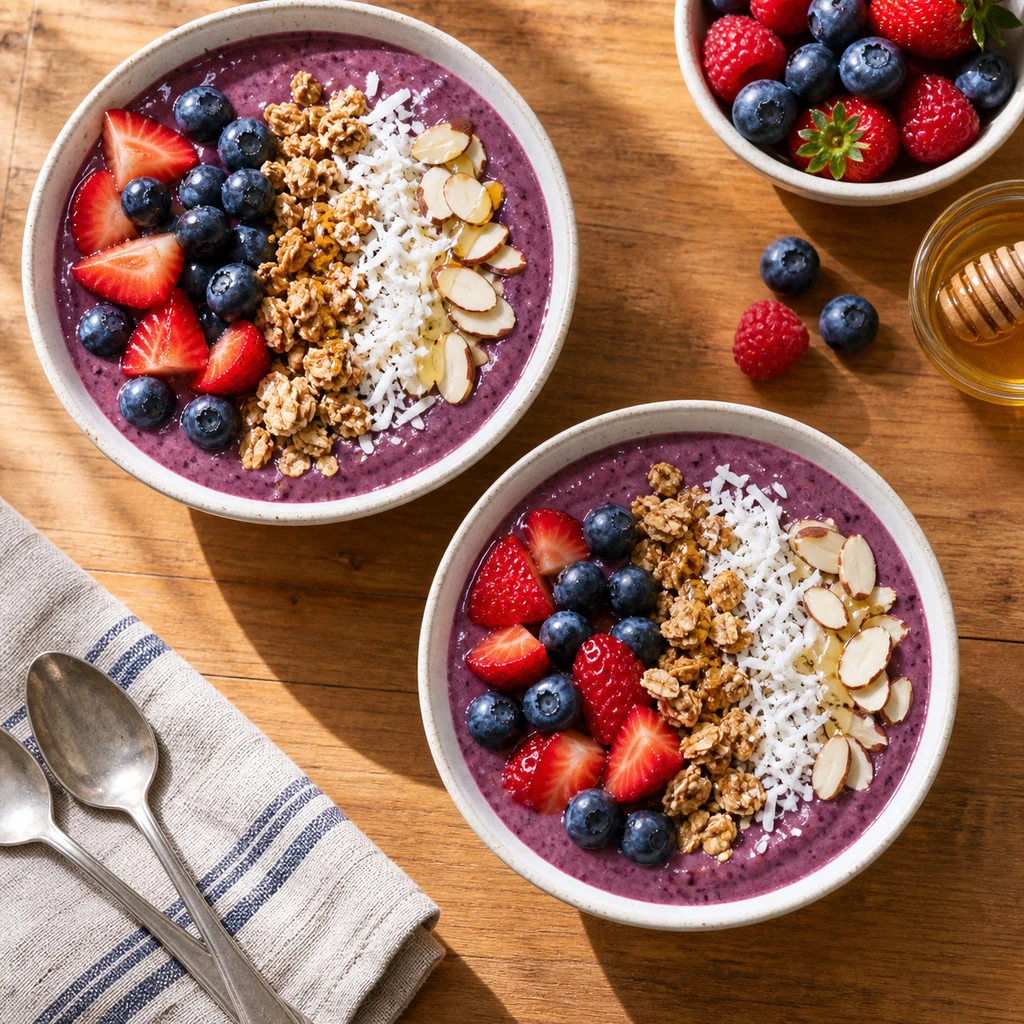 Two mixed berry smoothie bowls topped with berries granola coconut sliced almonds and honey