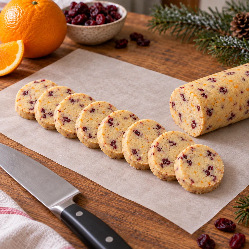 Eight evenly sliced cranberry orange shortbread rounds beside the chilled dough log