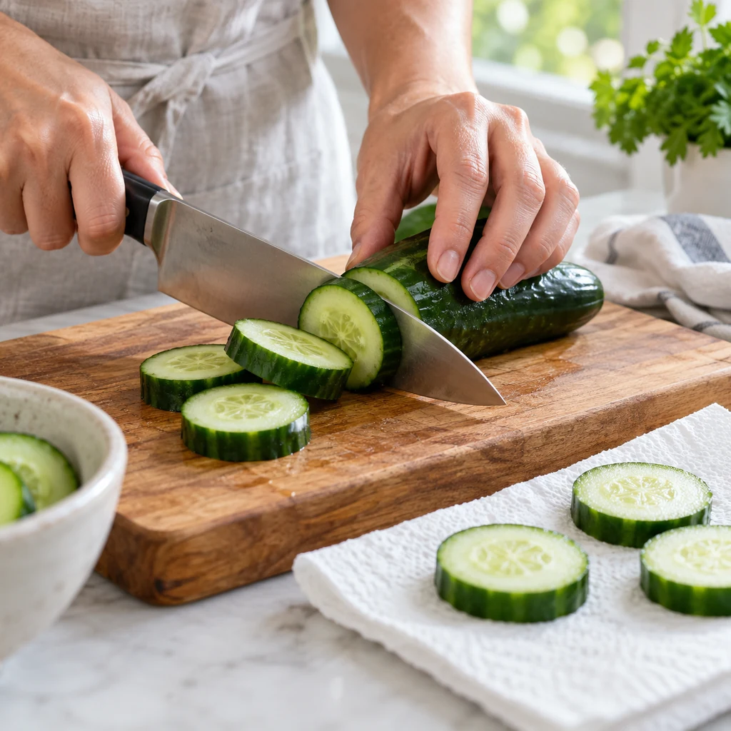 Firm cucumber being cut into thick rounds and dried on a paper towel
