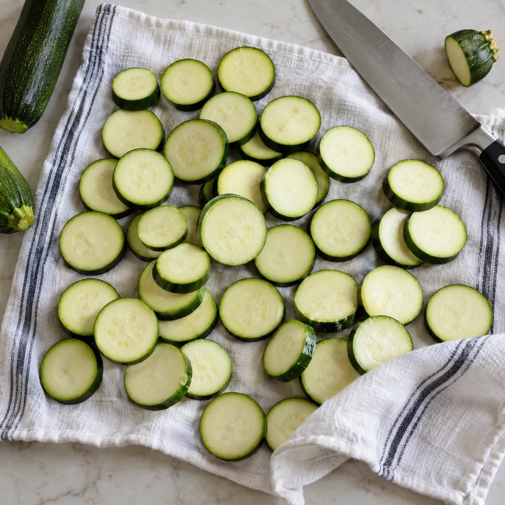 Even zucchini rounds resting on a clean kitchen towel after slicing