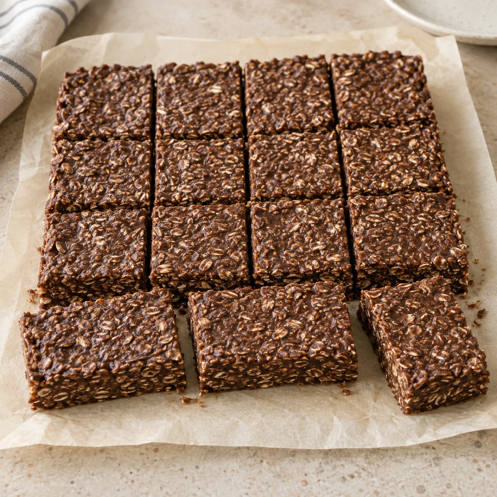 Chilled no-bake chocolate oat slab cut into sixteen even bars