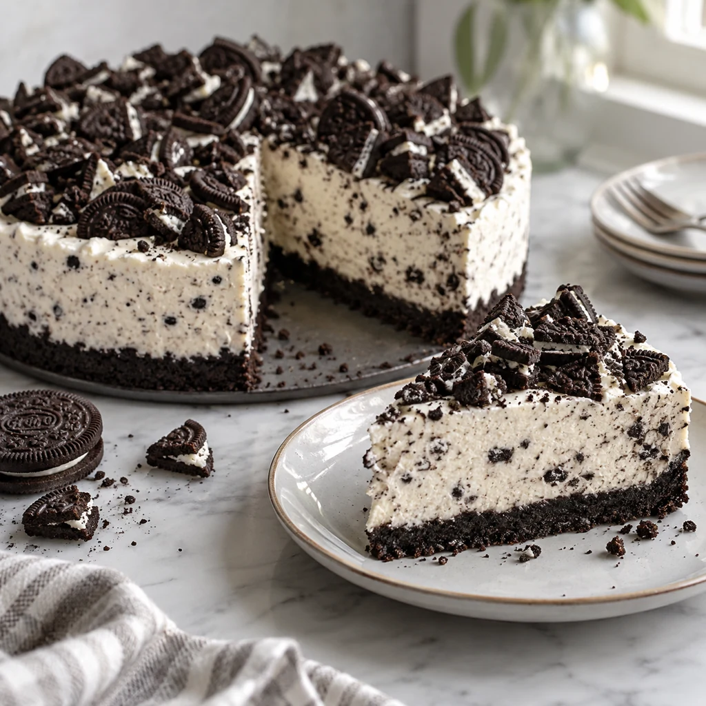 Set Oreo cheesecake with chopped cookie topping and a clean slice served on a plate