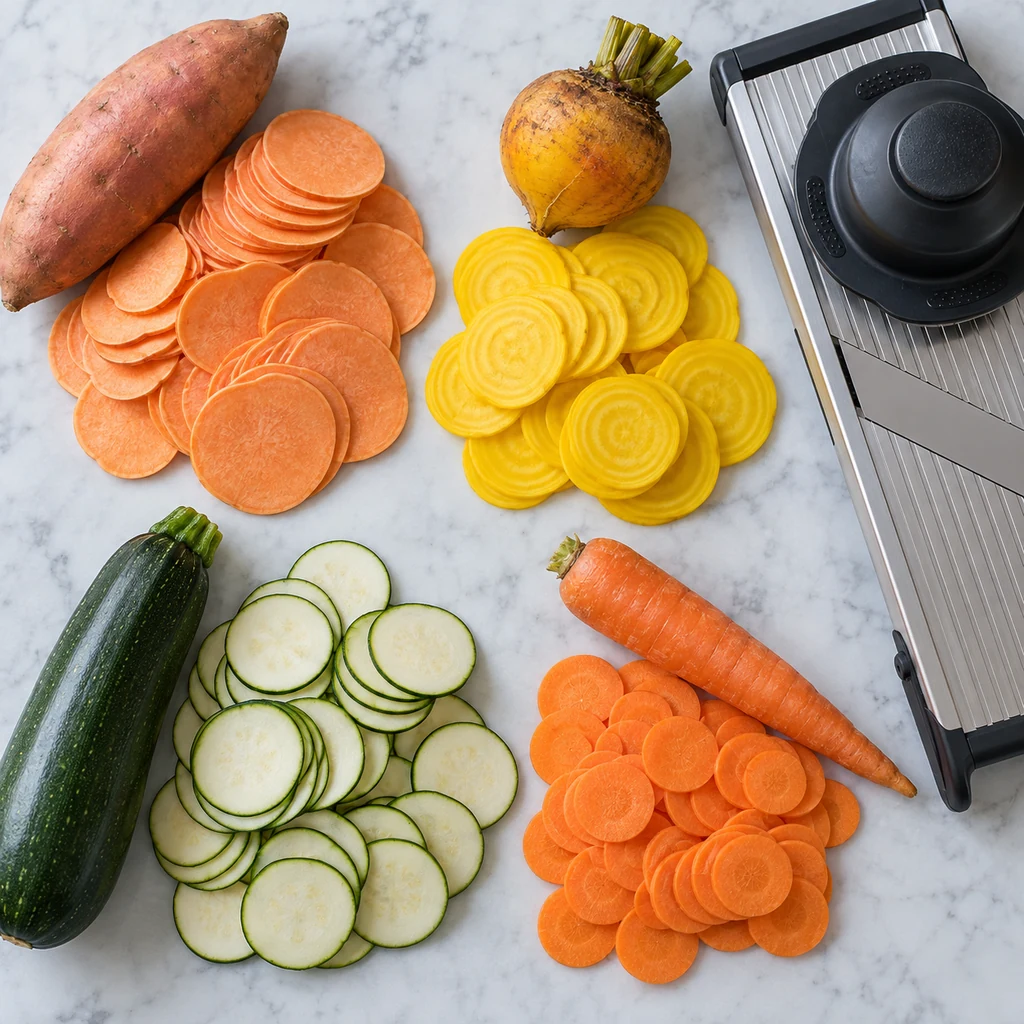 Sweet potato, golden beet, zucchini and carrot cut into thin uniform rounds beside a mandoline