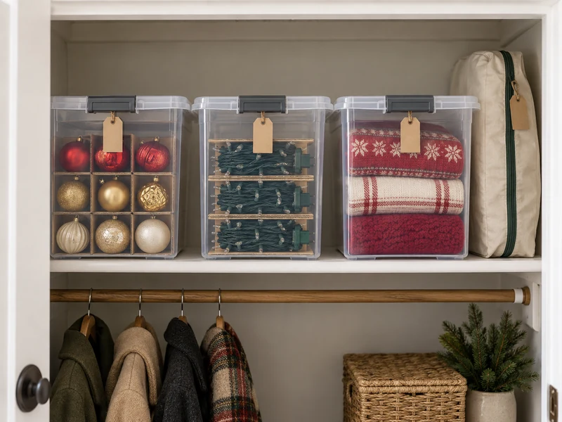 Three-bin Christmas decoration storage system on a small closet shelf